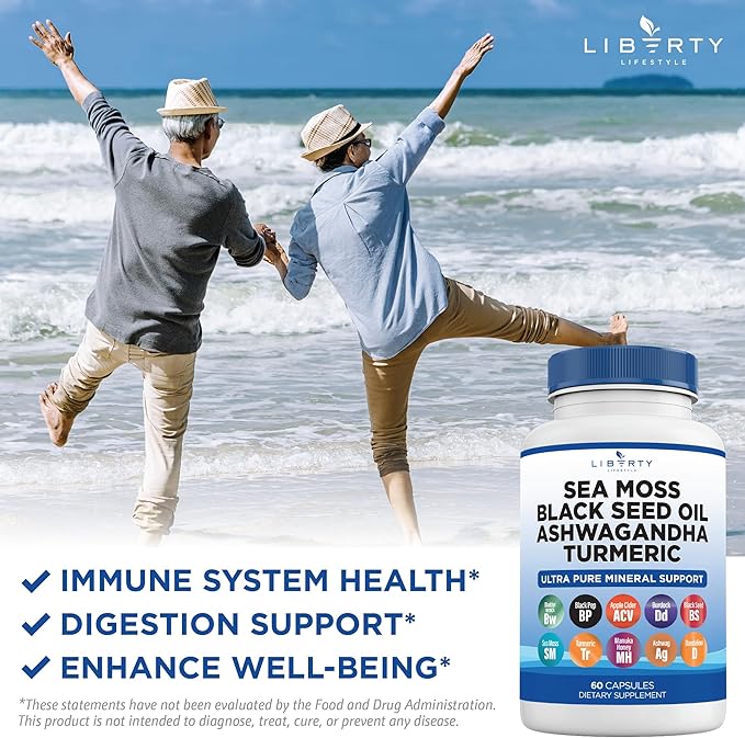 Sea Moss Black Seed Oil Ashwagandha Turmeric Bladderwrack Burdock - with Manuka, Honey Dandelion, ACV Black Pepper Gluten Free - 1-Pack