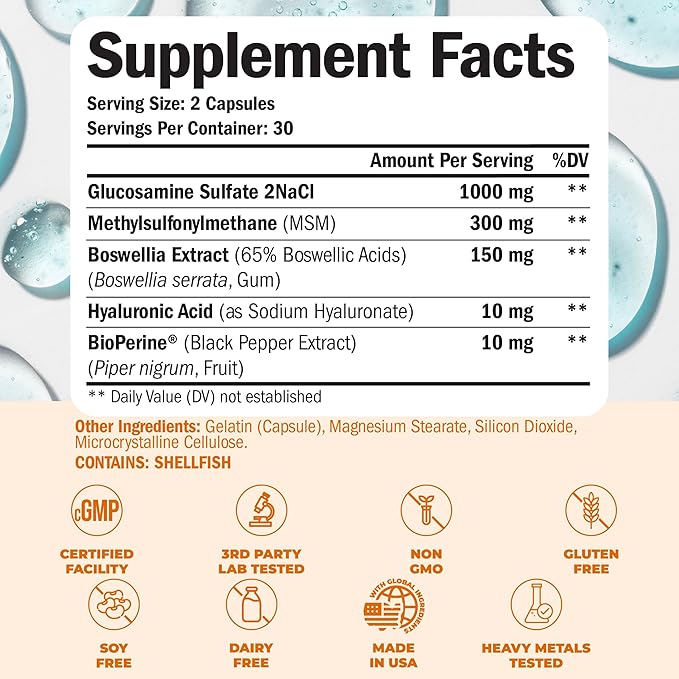 Glucosamine with Hyaluronic Acid, Black Pepper, MSM & Boswellia - 5-in-One Joint Support Supplement. Antioxidant & Inflammatory Support - Joint Health, Flexibility and Comfort. FSA Eligible 60 Caps