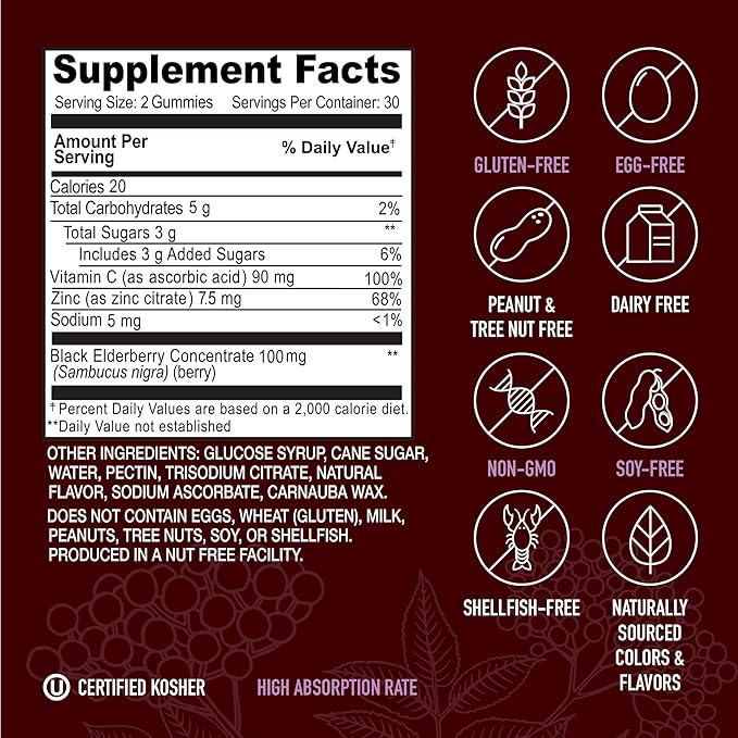 Strong Earth Elderberry Gummies – Sambucus Elderberry Immune Support with Vitamin C & Zinc – Black Elderberry Gummies, Berry Flavor, Non-GMO, Gluten Free, Kosher – 60 Count