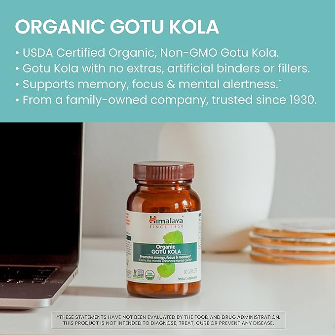 Himalaya Organic Gotu Kola, Herbal Supplement for Energy, Focus, Memory, Alertness, Concentration, Calms The Mind, Cognitive Support, Non-GMO, USDA Organic, 90 Plant-Based Caplets, 45 Day Supply