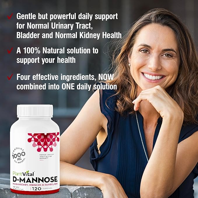 Plantvital D Mannose Capsules with Cranberry - D-mannose 1000mg Capsules - High Potency for Bladder, Kidney and Urinary Tract Support. Cranberry Powder with Hibiscus and Dandelion. 2 Months Supply