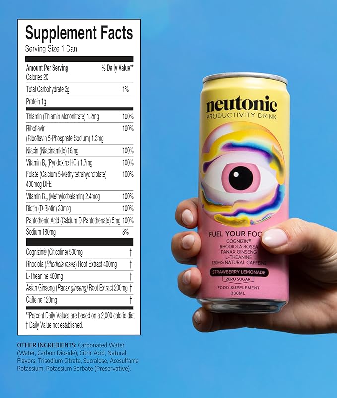 Neutonic Nootropic Productivity Energy Drink | Strawberry Lemonade 12 Cans | 120mg Natural Caffeine, Zero Sugar | Support Memory, Mental Clarity, Cognitive Function | Boost Focus, Energy, Brain Health