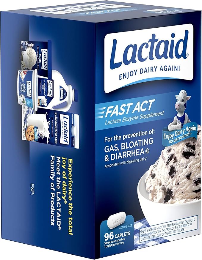 Lactaid Fast Act Lactose Intolerance Caplets with Lactase Enzyme, Dairy Relief from Gas, Bloating & Diarrhea, 9000 FCC Lactose Intolerance Pills, 96 Individual Travel On-The-Go Packs (96 x 1 ct)