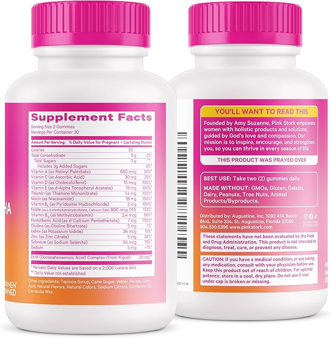 Pink Stork Premium Prenatal Gummy Vitamins with DHA, Folate, and Vitamin D - Multivitamin and Nutrient Blend for Neural Tube and Fetal Brain Development - Pregnancy Must Haves - 60 Vegan Gummies