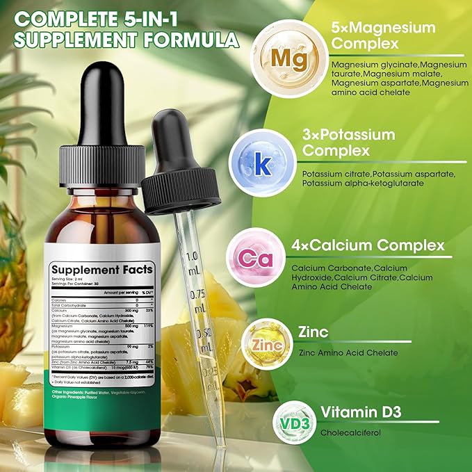 Potassium Magnesium Glycinate Supplement-High Absorption Magnesium Complex Liquid Drop with Calcium, Potassium, Vitamin D3 & Zinc for Sleep,Leg Cramps, Muscles & Energy, Sugar Free&Vegan 2 Fl Oz