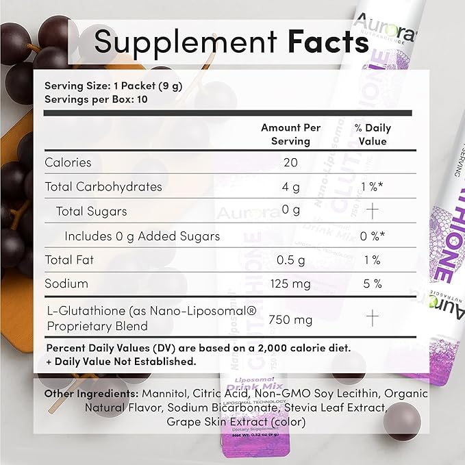 Aurora Nutrascience Nano-Liposomal Glutathione, Grape Powdered Drink Mix Immune & Antioxidant Gut Health Support Supplement, 750 mg per Serving, Non-GMO, Sugar-Free, 10 Single Serve Packets