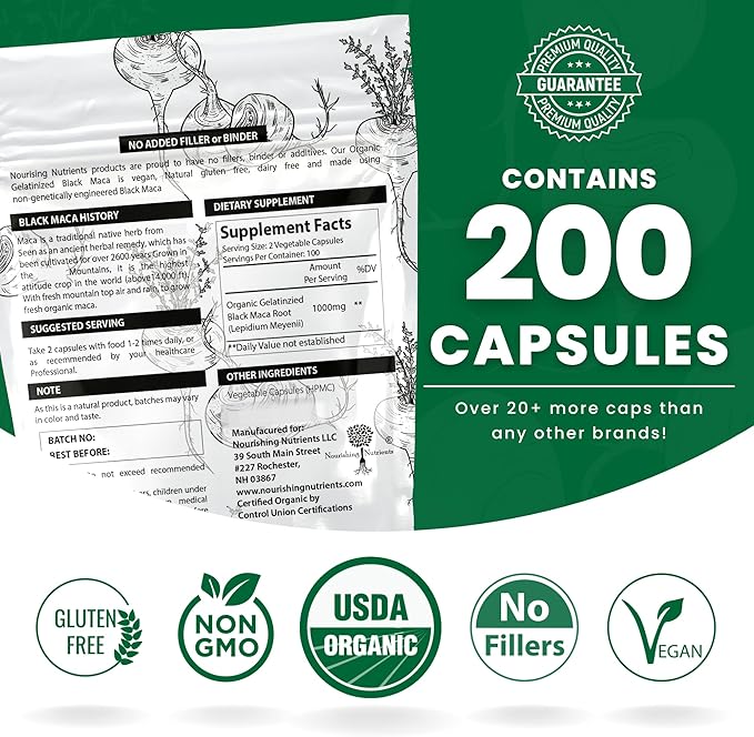Organic Gelatinized Black Maca β 3X Stronger 200 Capsules for Men & Women, Natural Energy Supplement for Focus, Performance, Stamina & Endurance, Mood Enhancement and Stability, Mental Clarity 1000mg