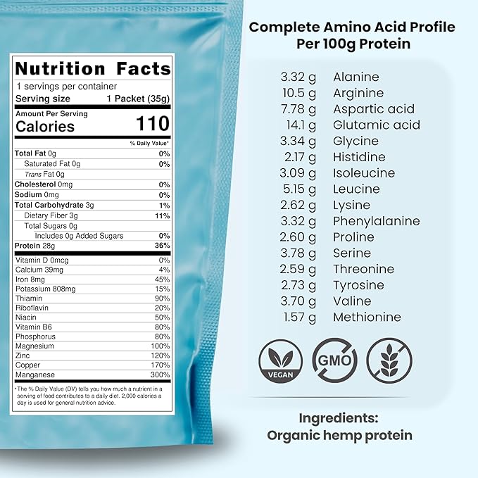Organic Hemp Protein Powder, Plant Based and Vegan Protein Shake, Lactose and Dairy Free, Gluten Free, Clean and Natural- Unflavored (1 Serving)
