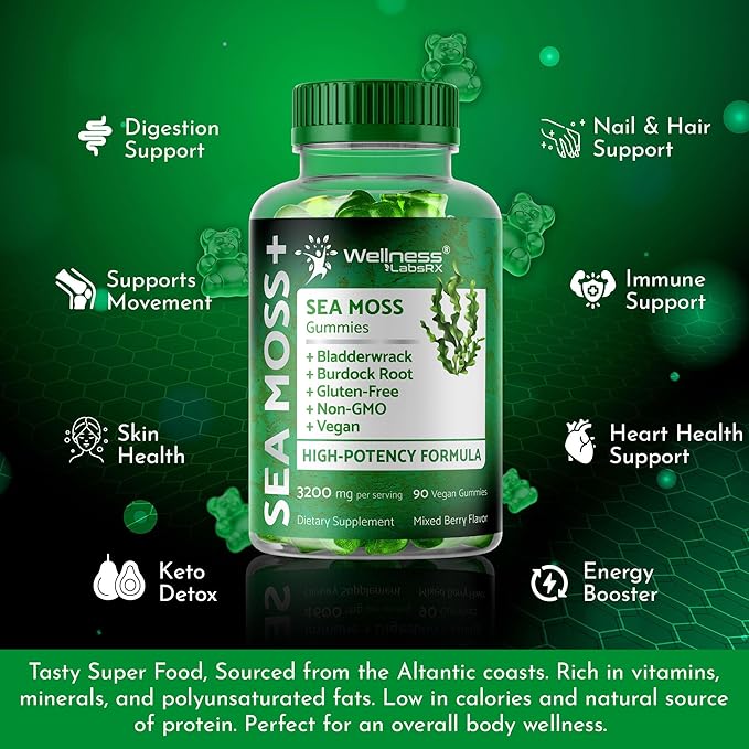 Sea Moss Gummies, 3200mg Irish Sea Moss Mixed Berry Flavor with Maximum Potency Bladderwrack and Burdock Root - Supports Skin, Energy and Immunity - 180 Count