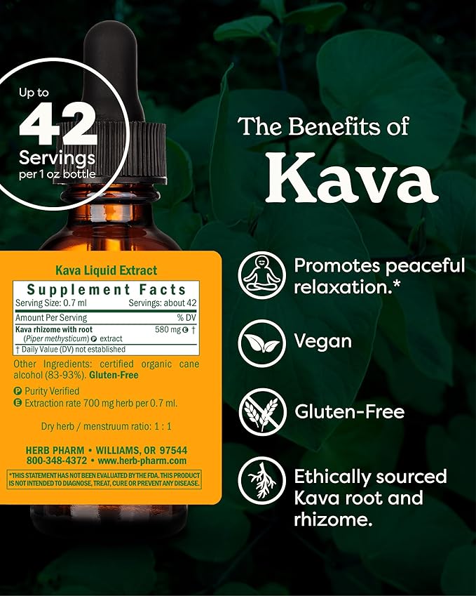 Herb Pharm Organic Kava Root Liquid Extract for Stress Relief & Relaxation*: Vegan Kava Extract, Non-GMO Kava Kava Tincture for Calm & Relaxed Mood, Gluten-Free, 1 Oz