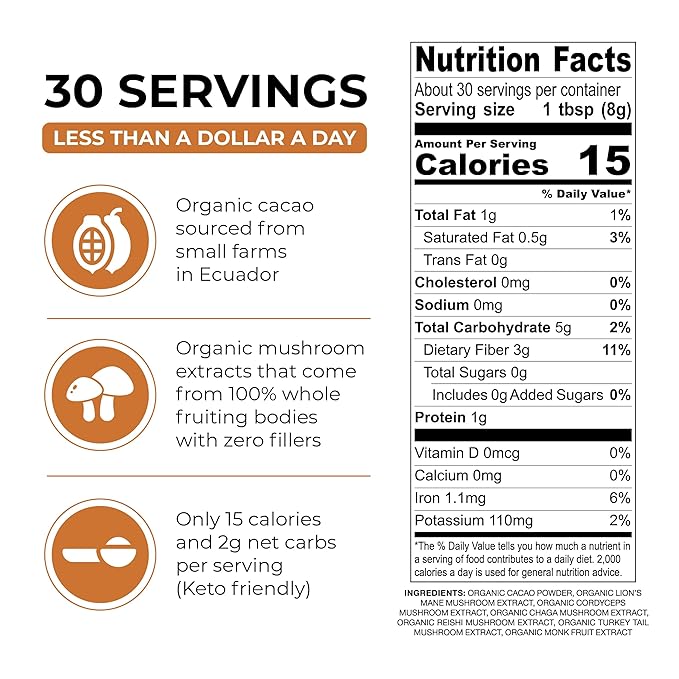 Organic Mushroom Hot Chocolate - Ceremonial Cacao with 5 Mushrooms (Lion's Mane, Cordyceps, Chaga, Reishi, Turkey Tail) - Great as a Coffee Alternative, Hot Chocolate, or Smoothie (30 Servings)