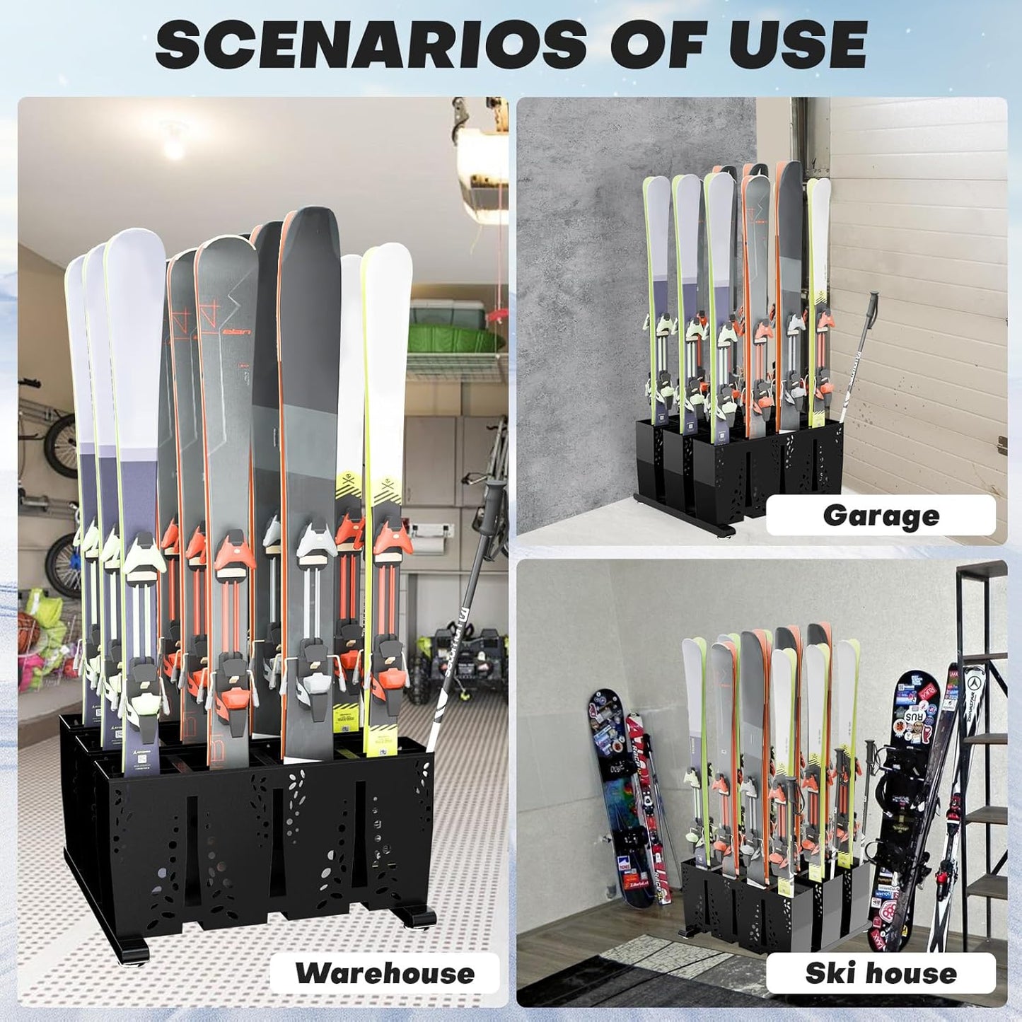 Ski Storage Rack for Garage, 12 Pair Heavy Duty Steel Freestanding Ski Storage Organizer, Indoor Ski Holder Racks for Home and Garage Storage