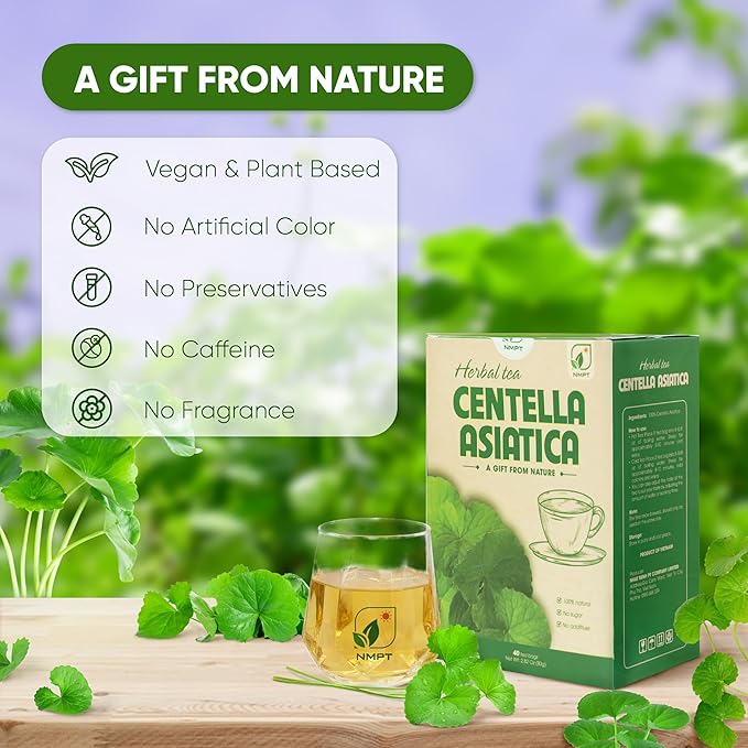 NMPT Centella Asiatica Leaf Tea, 100% Hand Pick, Organic Herbal Tea, 40 Count, Freeze Drying, Gluten Free, Dairy Free, No Sugar Added, Energy Boost & Health Support, 0.07 Oz Each