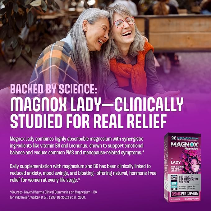 MAGNOX Lady Magnesium Supplement | Menopause and PMS Support Supplement for Women | Magnesium Complex with Vitamins B6, B1, B12, D, Zinc | High-Absorption Dead Sea Organic | 60 Capsules