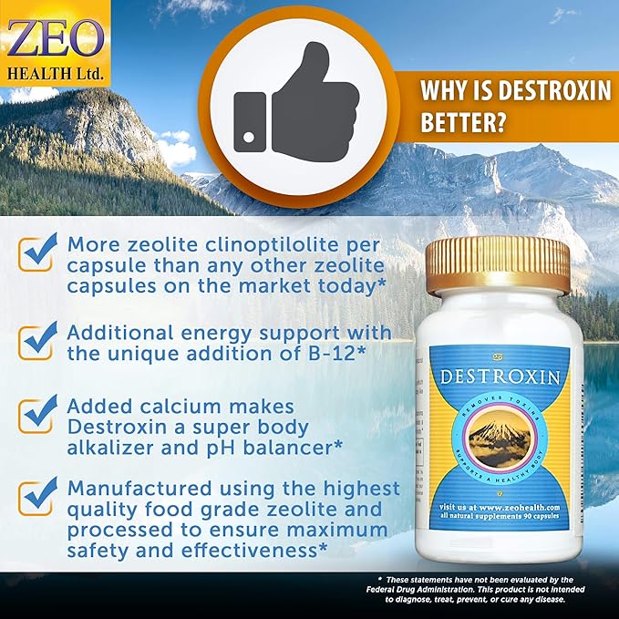 DESTROXIN | Zeolite Capsules with B-12 and Calcium (90 Count) | Naturally Supports Cellular Detox, Optimal Energy, & Upset Stomach Relief | Body Alkalinity & pH Increaser