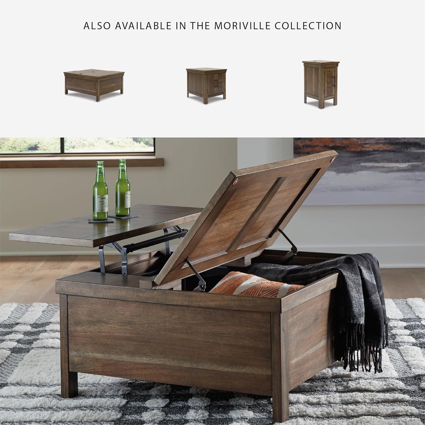 Signature Design by Ashley Moriville Rustic Hinged and Lift Top Cocktail Table with Hidden Storage, Light Brown