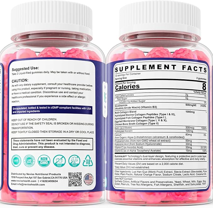 Nicotinamide 500mg Gummies, NAD+ Supplement for Women & Men w/Collagen Peptides, (Flush Free Niacin) Vitamin B3 Niacinamide for Anti-Aging, NAD+ Levels, Longevity, Focus & Brain, Sugar Free, 60Cts