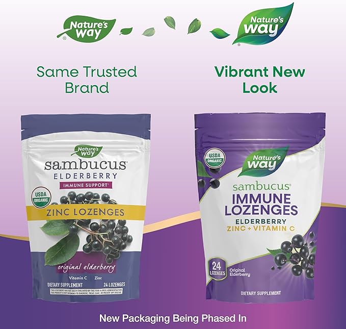 Nature's Way Sambucus Immune Lozenges, Zinc + Vitamin C, Black Elderberry Extract, USDA Certified Organic, Original Berry Flavored, 24 Lozenges (Packaging May Vary) - 3 Pack