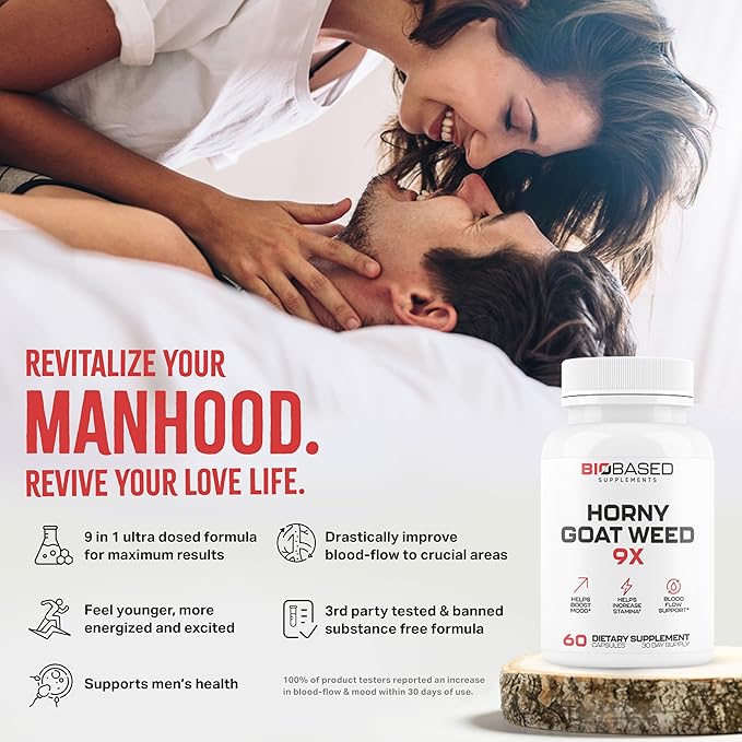 Horny Goat Weed + 9 Ingredients - Pills for Men with Fast Acting Blood for Performance | Build Muscle, Assist Energy | 9 Strategic Backed Ingredients | 3rd Party Tested Supplement - 60 Pills