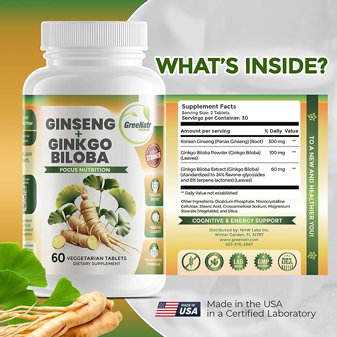 Ginko Biloba & Panax Ginseng Supplement - Red Ginseng for Memory and Focus - Ginkgo Biloba for Good Vision, Immune System and Improved Blood Flow (360 Tablets: 6 Bottles)