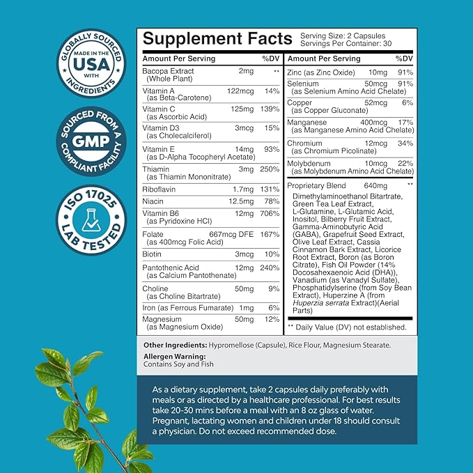 Nootropic Brain Supplement for Memory and Focus Support - Vitamins for Mental Health & Clarity with Bacopa Monnieri, VIT A, B6, Riboflavin, Niacin, Thiamin & Folate - Cognitive Complex - 60 Ct