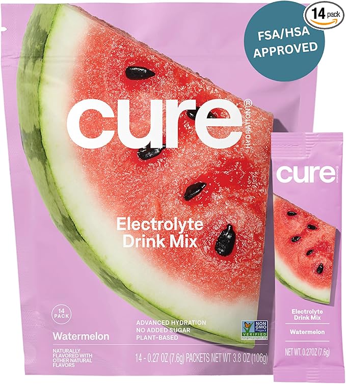 Cure Hydration | Plant-Based Electrolyte Drink Mix | No Added Sugar | Dehydration Relief Powder Made with Coconut Water | Non-GMO | Vegan | Pouch of 14 Packets - Watermelon