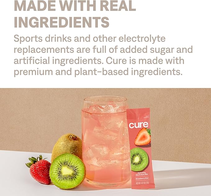 Cure Hydration | Plant-Based Electrolyte Drink Mix | No Added Sugar | FSA-HSA | Dehydration Relief Powder Made with Coconut Water | Non-GMO | Vegan | Pouch of 14 Packets - Strawberry Kiwi
