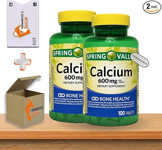 Calcium 600 mg Tablets • Bone & Muscle Health • Supports Strong Bones • Dietary Supplement • 100 Count by Spring Valley + Vena’s Sticker(Pack of 2)