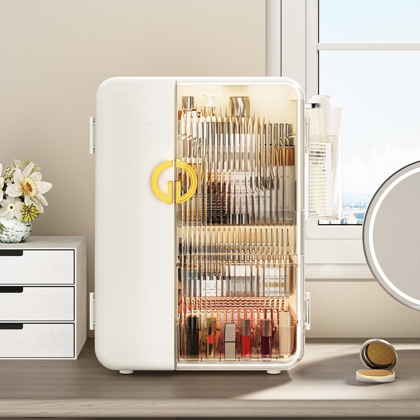 UAK Makeup Organizer with Drawers for Vanity, Cosmetic Display Case with Brush Holders, Storage for Skincare Countertop Bathroom (White)