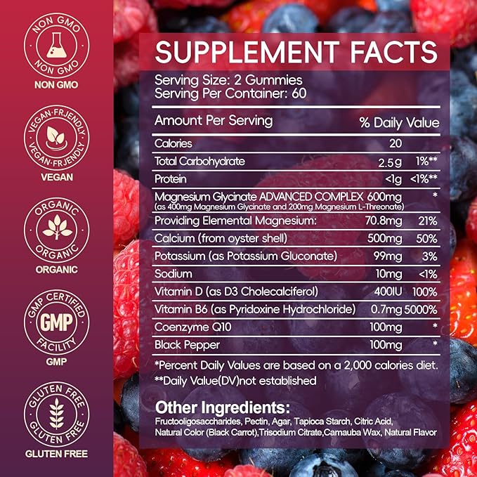 Magnesium Glycinate Gummy 600mg, Chewable Sugar Free Potassium Magnesium Gummy for Sleep, Body Support and Relaxation, Magnesium Supplements with Vitamin D, B6, and CoQ10 for Men & Women