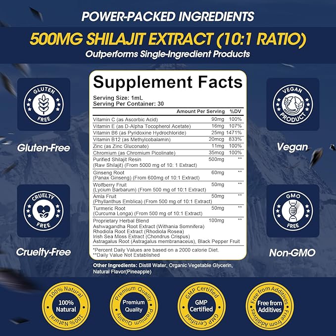 16 in 1 Shilajit Resin Liquid Drop, Shilajit W/Ginseng, Turmeric, Rhodiola, Wolfberry, Amla & Vitamins, Shilajit Supplement for Men & Women with 85+ Trace Minerals & Fulvic Acid, 1 Fl Oz