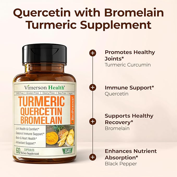 Quercetin with Bromelain Turmeric Curcumin Supplement – Allergy Relief, Joint & Immune Support – Organic Turmeric Supplement with Black Pepper (Bioperine) – 60 Quercetin 500mg Capsules