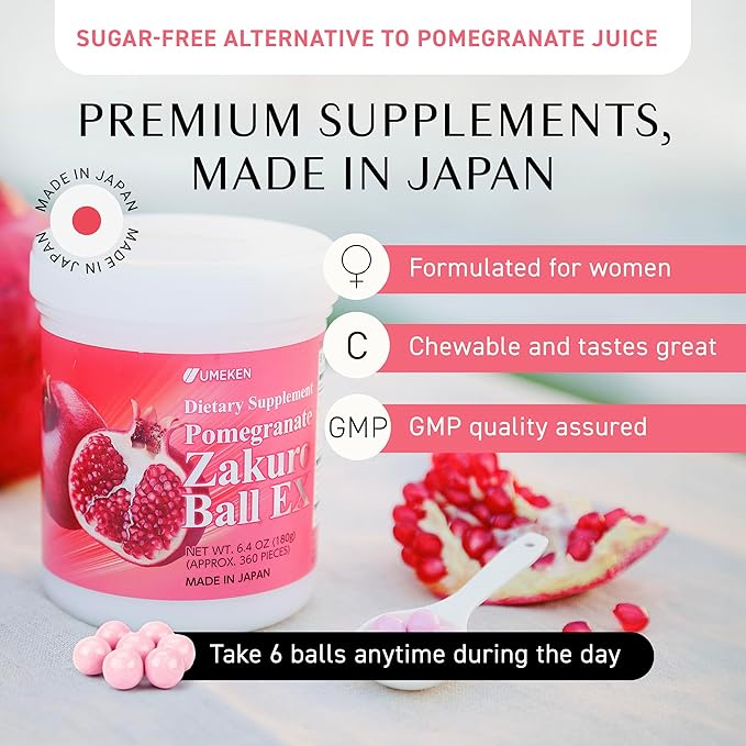 Pomegranate Balls, Chewable Supplement with Natural Vitamins, Minerals, Citric Acids & Tannins, Japanese Pomegranate Supplements for Women, 2 Month Supply, 360 Count Bottle, Pack of 1