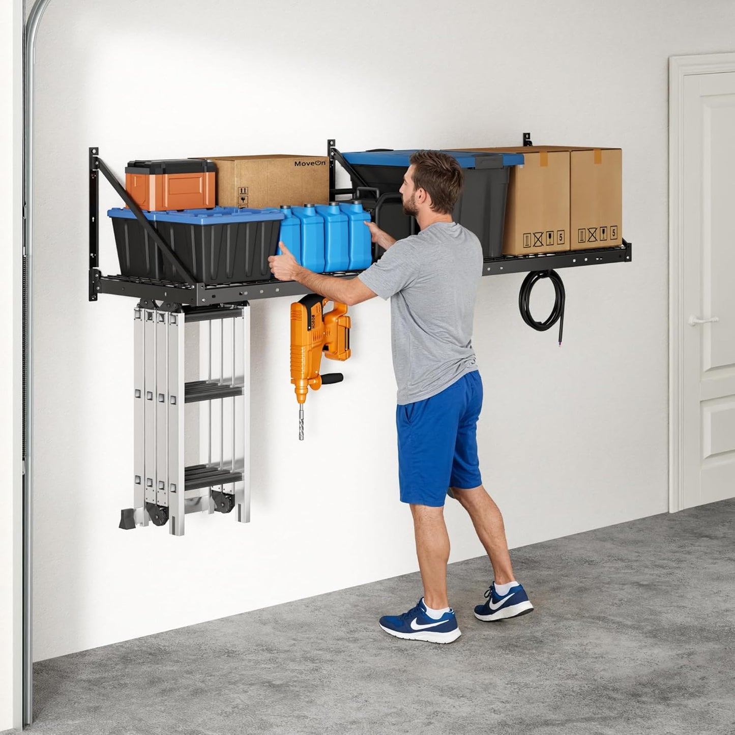 FLEXIMOUNTS 4-Pack 2x4ft Garage Wall Shelving - Heavy Duty Garage Storage System, 1320lbs Load Capacity with Brace Guardrail, Organization for Tools, Bins, Sports Equipment, Utility Room, Pro Series