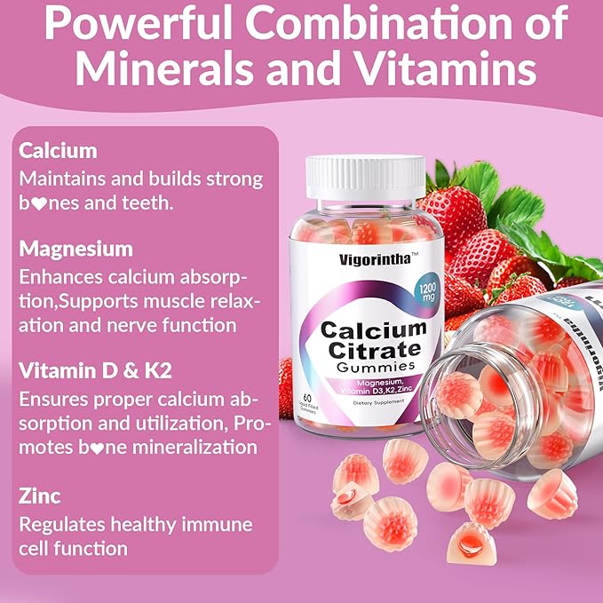 Calcium Citrate Gummies 1200mg with Magnesium,Vitamin D3, K2, Calcium Supplements for Women & Men- Easy to Digest, Vegan, Gluten Free,Sugar Free- Strawberry Flavor, 120 Calcium Gummies