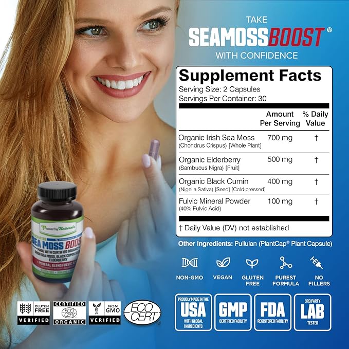 Power By Naturals Sea Moss Advanced with Black Seed Oil & Elderberry Capsules - Certified Organic Irish Sea Moss Capsules for Energy, Gut & Immune Support - Sea Moss Pills with (60+ Minerals) 60 Pills
