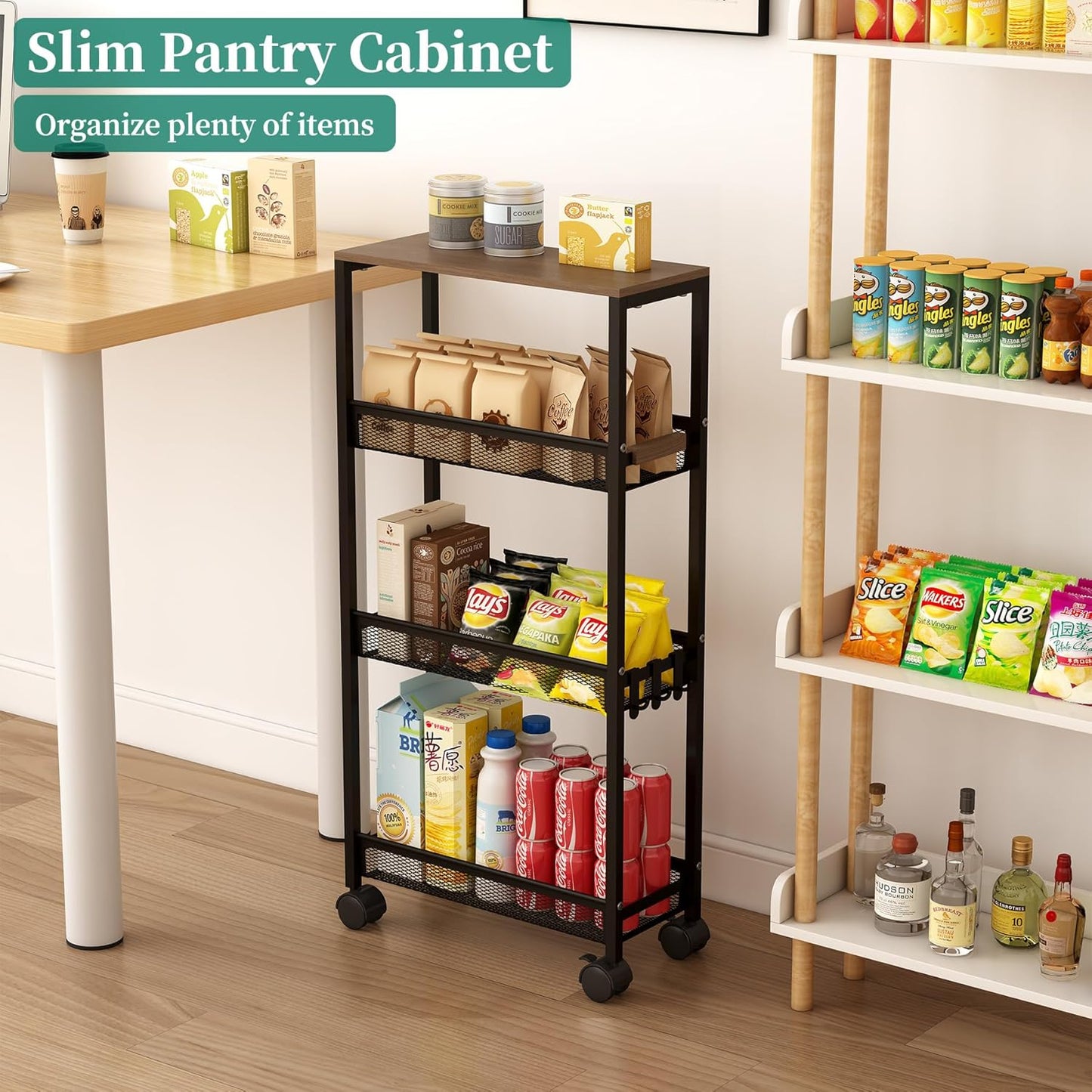 TIPGO Utility Slim Storage Cart, 4 Tier Rolling Cart with Wheels, Narrow Storage Cabinet for Bathroom, Laundry Shelves for Room Organization, Small Organizer for Kitchen, Office and Dorm (Black)