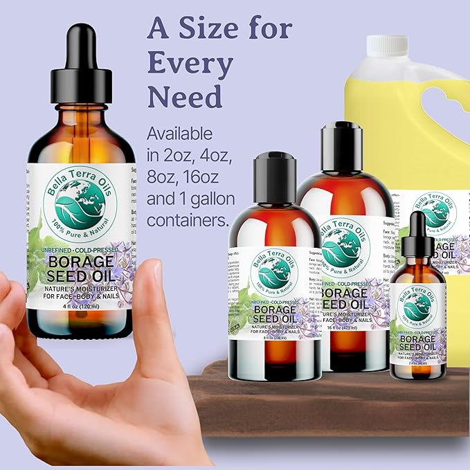 Bella Terra Oils - Organic Borage Seed Oil 16 oz - Unveiling the Power of GLA & Vital Vitamins, Pure Nourishment, Elevate Every Skin Care Routine