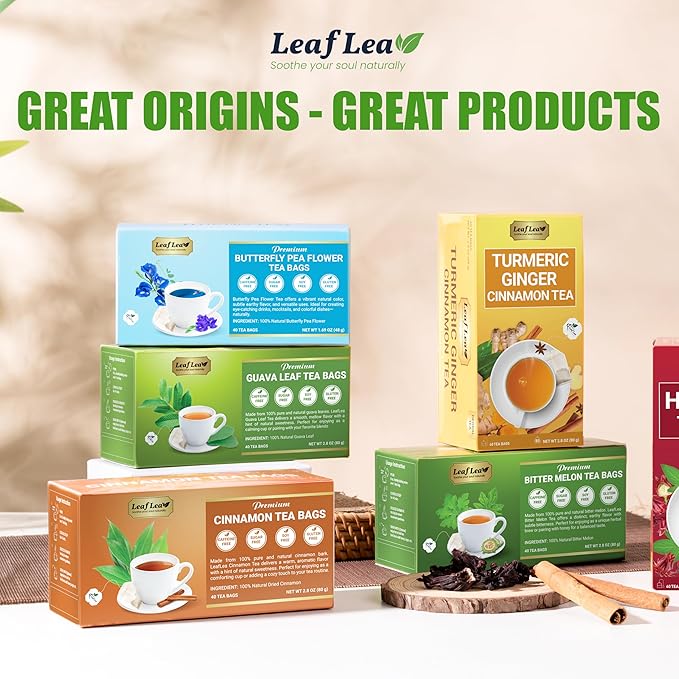 LeafLea Cinnamon Tea Bags, 80 Count (2-Pack), 100% Natural Ground Cinnamon Stick Herbal Tea, Spiced and Warming Flavor for Relaxation, Caffeine-Free, Sugar-Free, Vegan