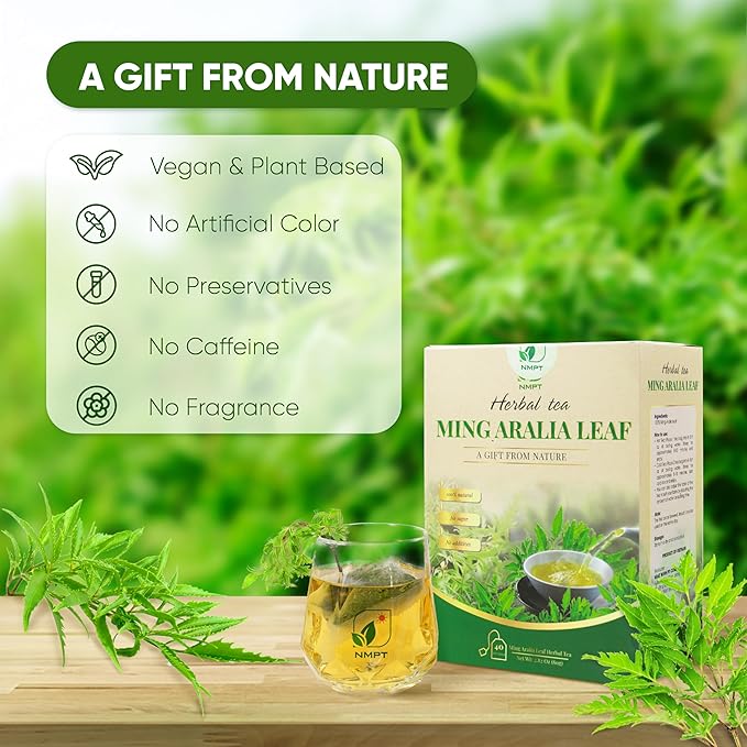 NMPT Ming Aralia Leaf Tea, 100% Hand Pick, Organic Dinh Lang Herbal Tea, 40 Count, Freeze Drying, Gluten Free, Dairy Free, No Sugar Added, Energy Boost & Health Support, 0.07 Oz Each