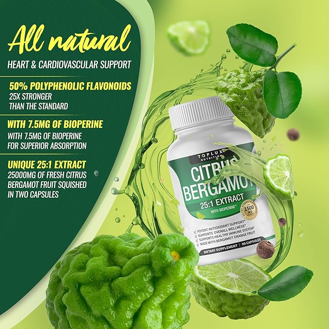 Citrus Bergamot Supplement 1500mg - 25:1 Bergamot Extract to Support Overall Health, Immune System, Potent Antioxidant High Absorption Natural Vegan Non-GMO for Men Women, 90 Capsules