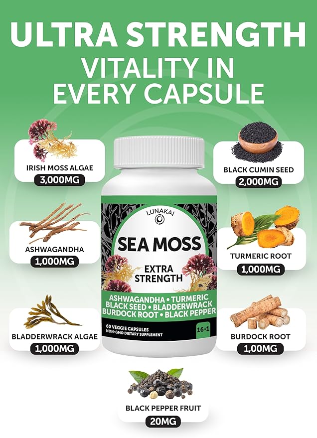 Lunakai USA Made Irish Sea Moss Capsules with Black Seed Oil, Ashwagandha, Burdock Root & Bladderwrack, 60ct