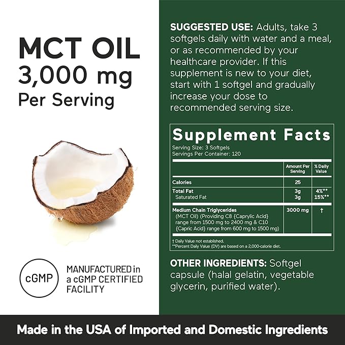 SMARTERNUTRITION Coconut MCT Oil Capsules C8 & C10 3000 mg - Ketogenic Fuel for Brain & Body, 100% Cold-Pressed Coconut Oil - Energy for Keto - Gluten-Free, Non-GMO - 360 Count - 180 -Day Supply