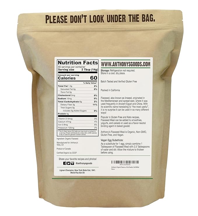 Anthony's Organic Flaxseed Meal, 2.5 lb, Gluten Free, Ground Ultra Fine Powder, Cold Milled, Keto Friendly