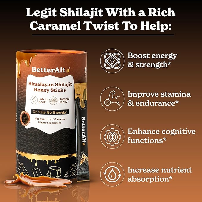 Pure Himalayan Shilajit Caramel Honey Sticks with Organic Honey| Easy to Consume Shilajit| 30 Sticks for Energy Boost & Immune Support, 85+ Trace Minerals, 75%+ Fulvic Acid