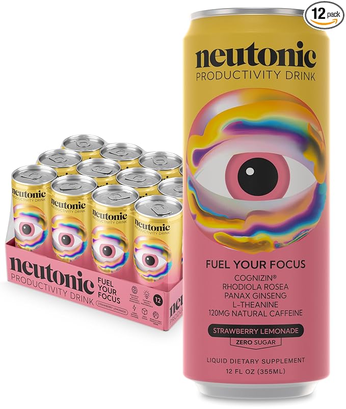 Neutonic Nootropic Productivity Energy Drink | Strawberry Lemonade 12 Cans | 120mg Natural Caffeine, Zero Sugar | Support Memory, Mental Clarity, Cognitive Function | Boost Focus, Energy, Brain Health
