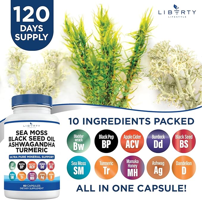 Sea Moss Black Seed Oil Ashwagandha Turmeric Bladderwrack Burdock - with Manuka, Honey Dandelion, ACV Black Pepper Gluten Free - 2-Pack