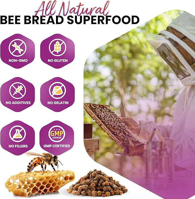 Bee Bread Capsules – Nutrient-Rich Superfood for Energy Boost, Immune Support Supplement | Non-GMO, Gluten-Free, 60 Easy-to-Swallow Veggie Capsules
