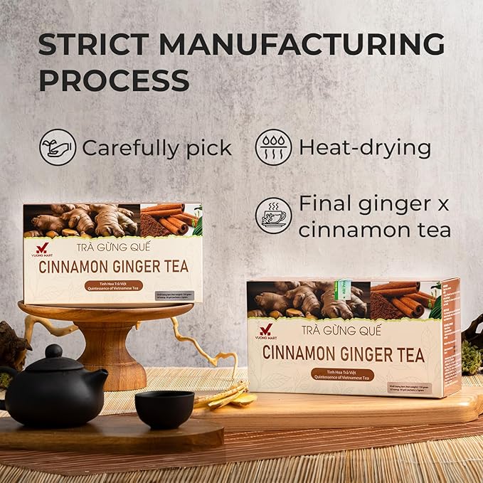 VUONGMART Dried Ginger Cinnamon Tea, 100% Pure & Hand Pick, Organic Herbal Tea, 30 Tea Bags, Gluten Free, Dairy Free, No Sugar Added & Natural, Energy Boost & Health Support