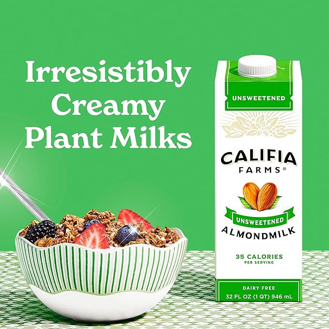 Califia Farms - Unsweetened Almond Milk, 32 Oz (Pack of 6), Dairy Free, Vegan, Plant Based, Keto Food, Shelf Stable, Vegan, Gluten Free, Non GMO, Sugar Free, High Calcium, Smoothie